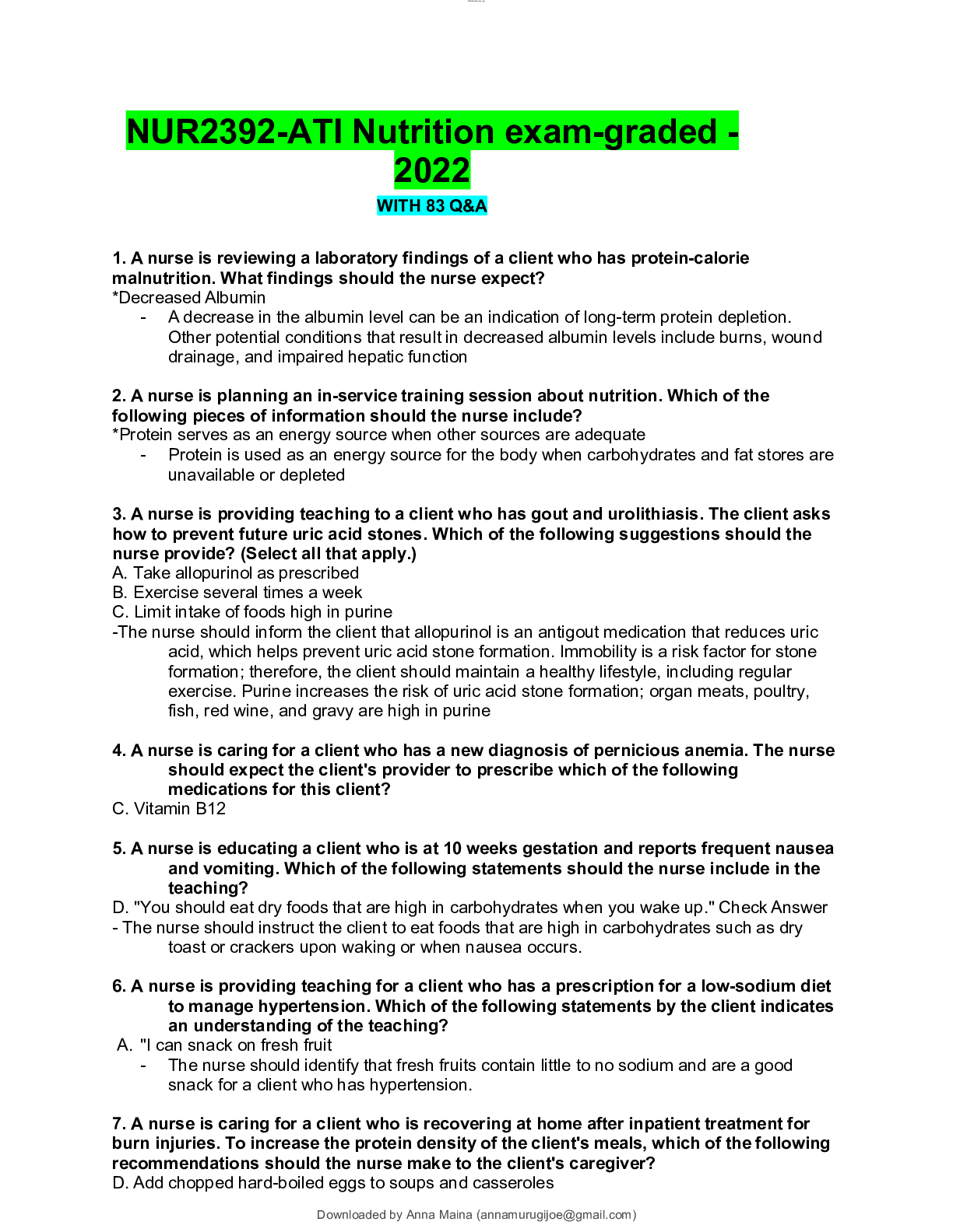 Preview of NUR2392-ATI Nutrition exam-graded -2022